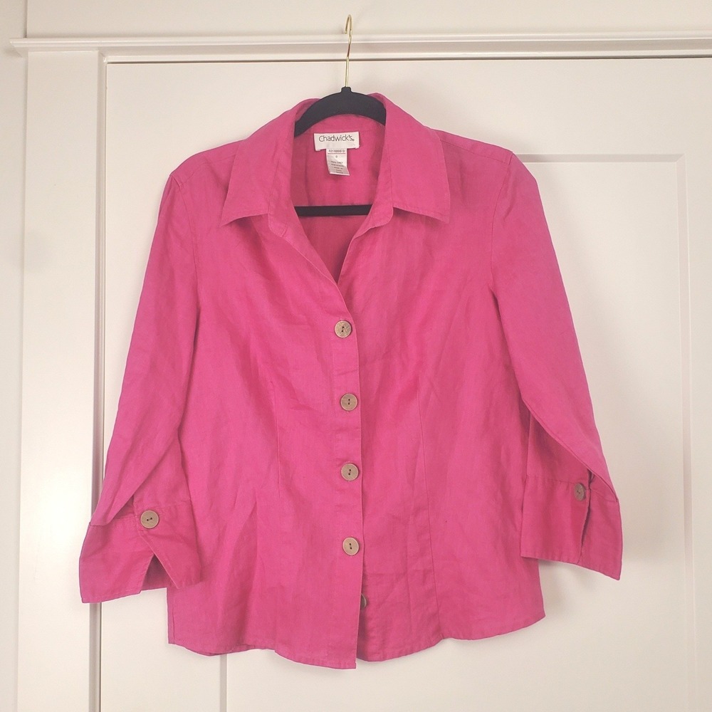 100% Linen Chadwick's Button Down Shirt Womens 8 Pink Long Sleeve 42-1886-3